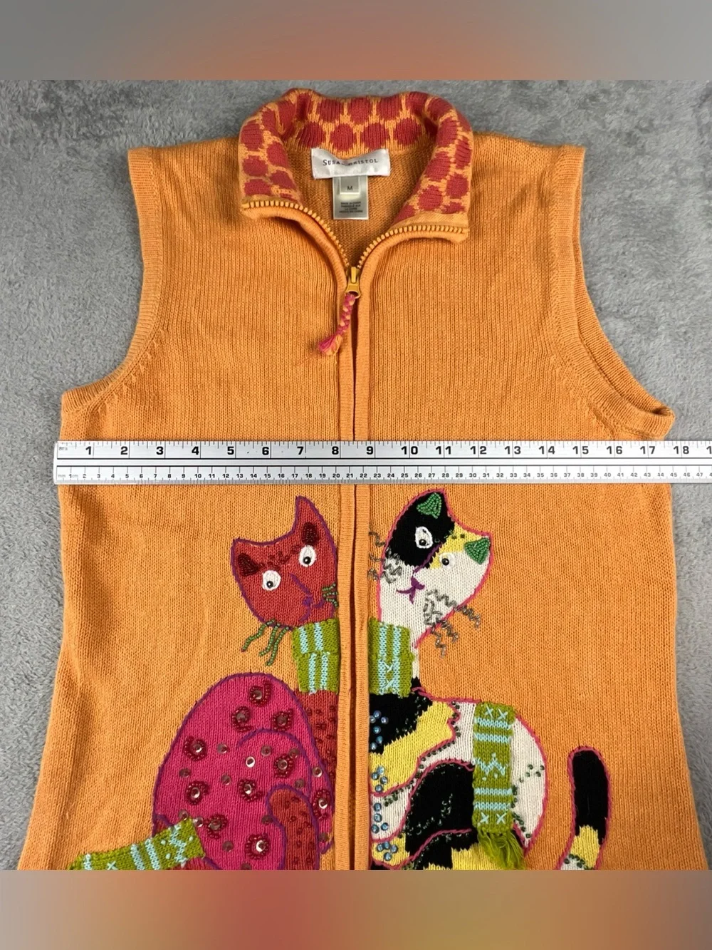 Susan Bristol Cats Sweater Vest M Kitten Embroidered Beaded Full Zip Colorful